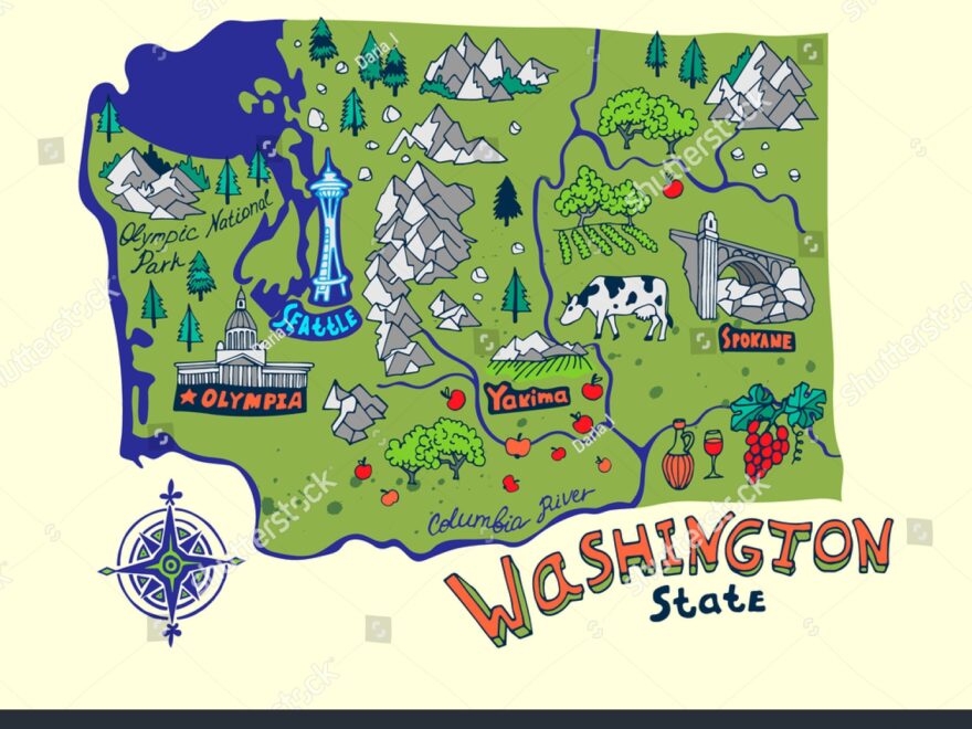 Cartoon Map Washington State Travel Attractions Stock Vector Royalty Free 557959354 Shutterstock