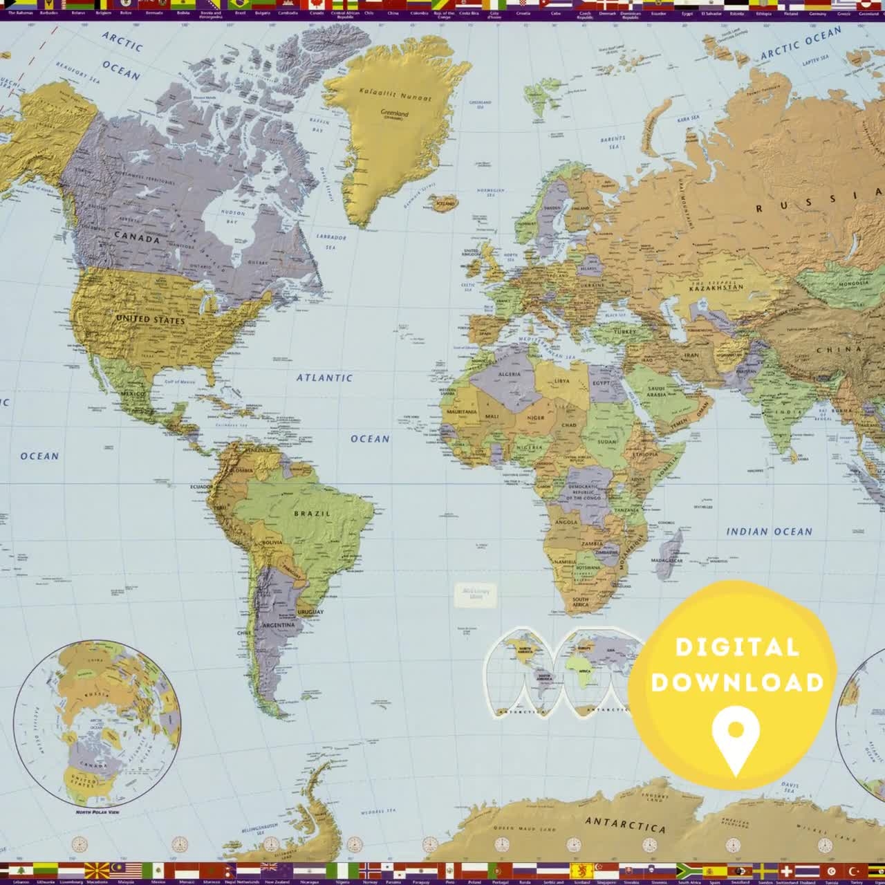 Digital World Political Map Printable Political Map World Map Poster Countries Of The World World Wall Art Poster World Map Etsy