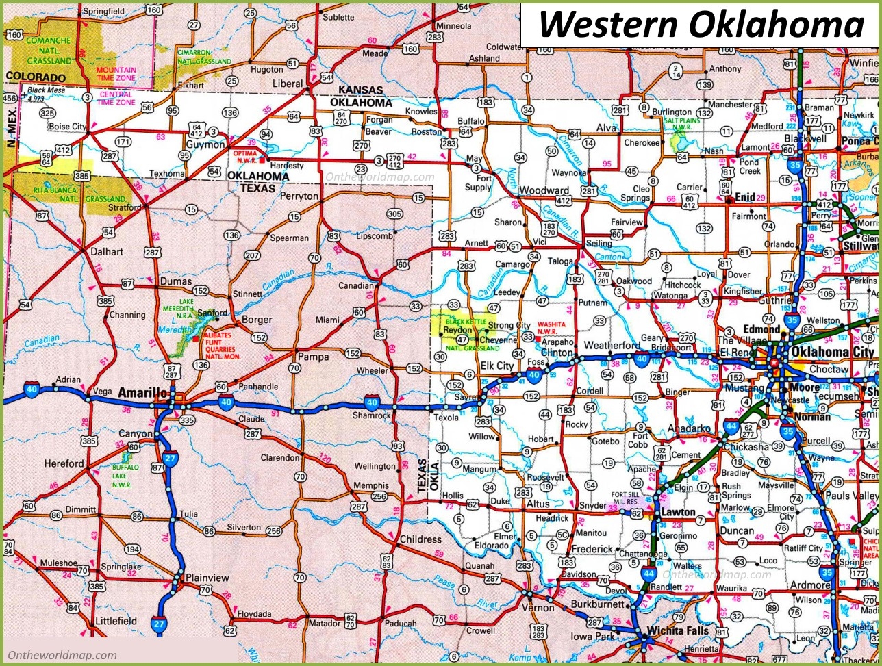 Map Of Western Oklahoma Ontheworldmap Map Of Western Oklahoma Ontheworldmap