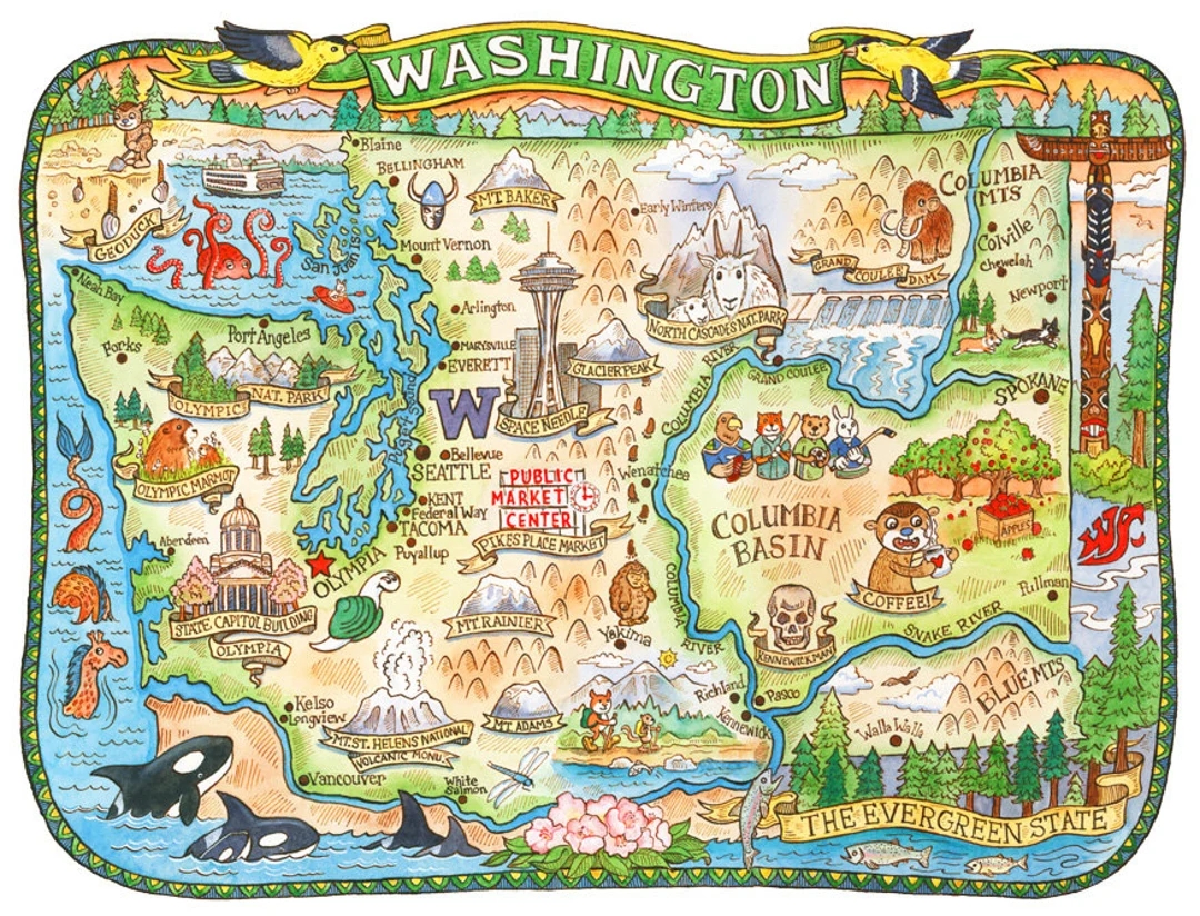 Washington State Map 16 x20 Art Print Etsy Washington State Map 16 x20 Art Print Etsy