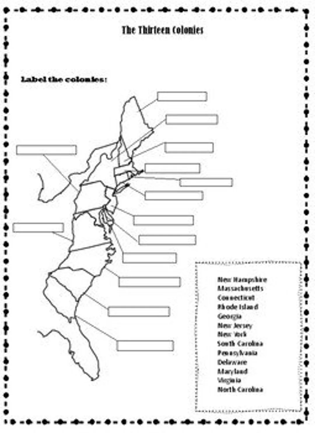 13 Colonies Map Blank Printable Full Page