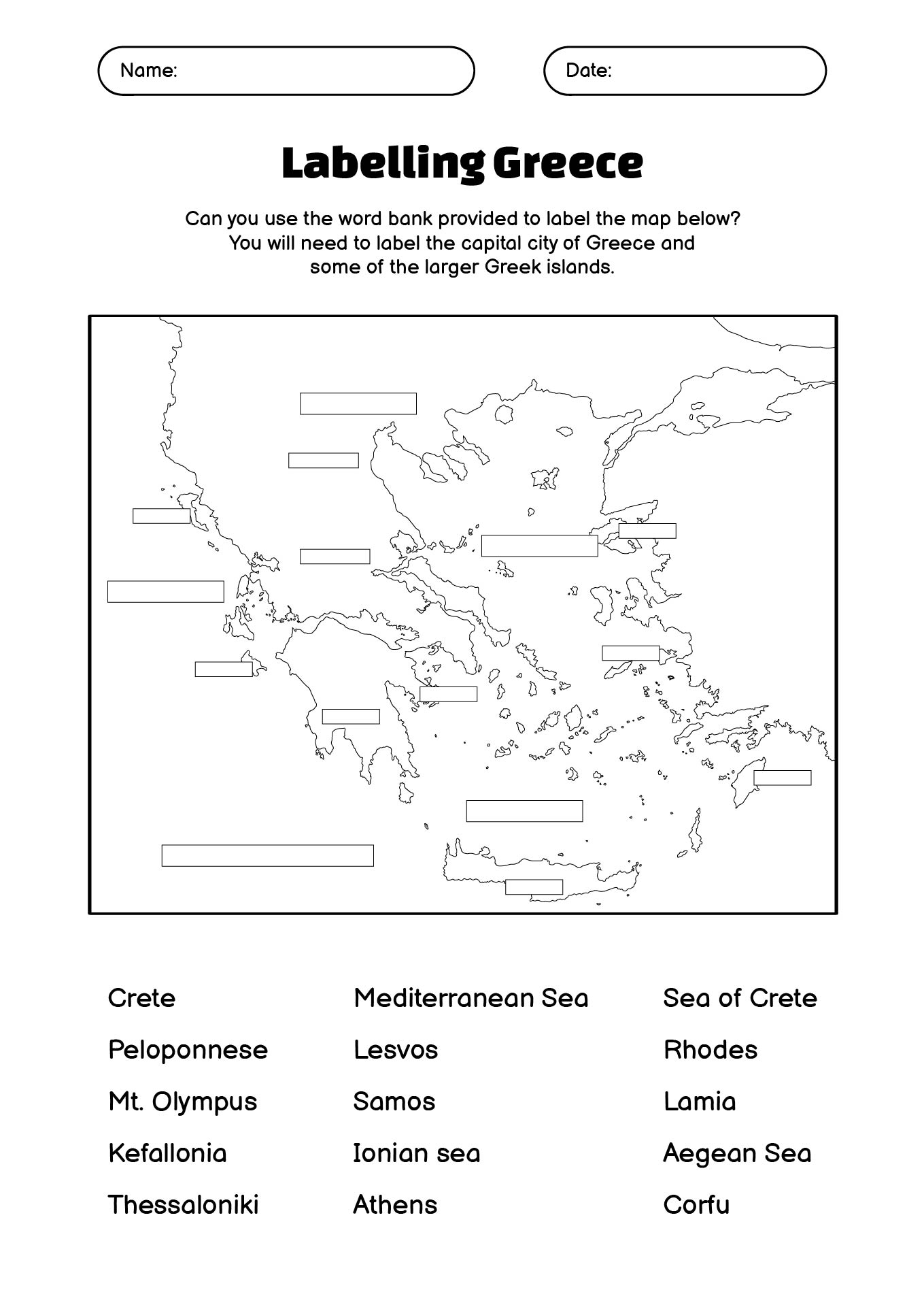 Ancient Greece Map Worksheet Free Printable