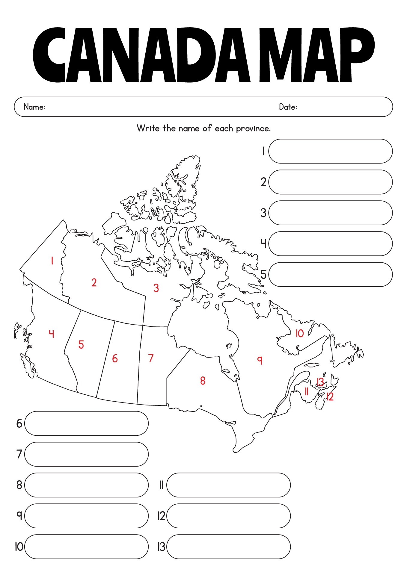 Canadian Provinces Map To Lable Printable