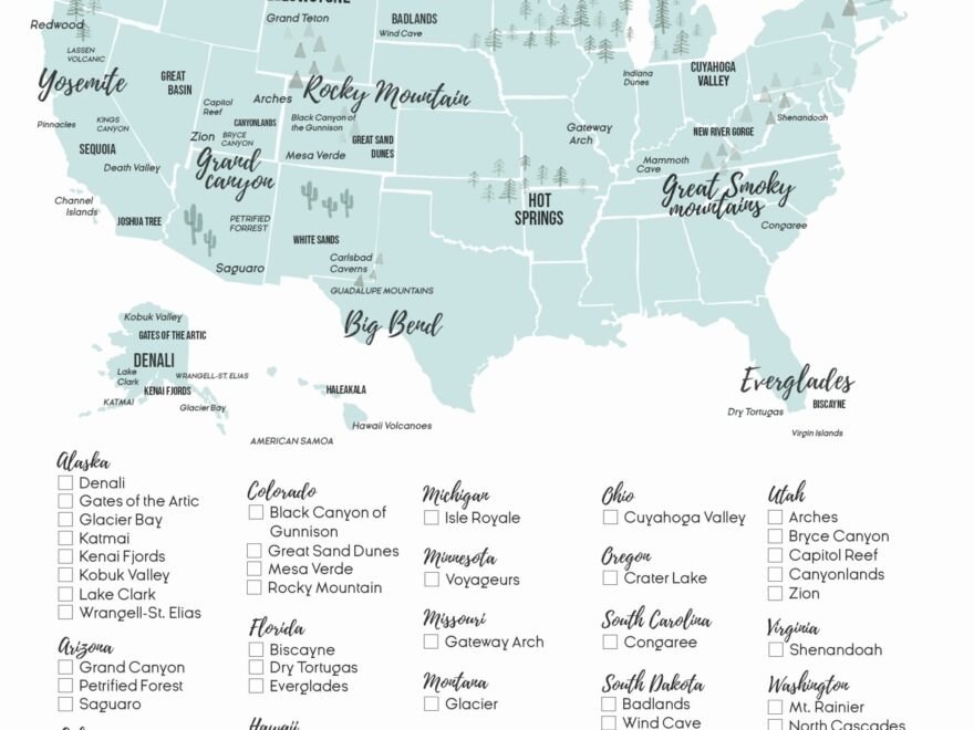 2025 U S National Park List By State Free Printable Map Checklist