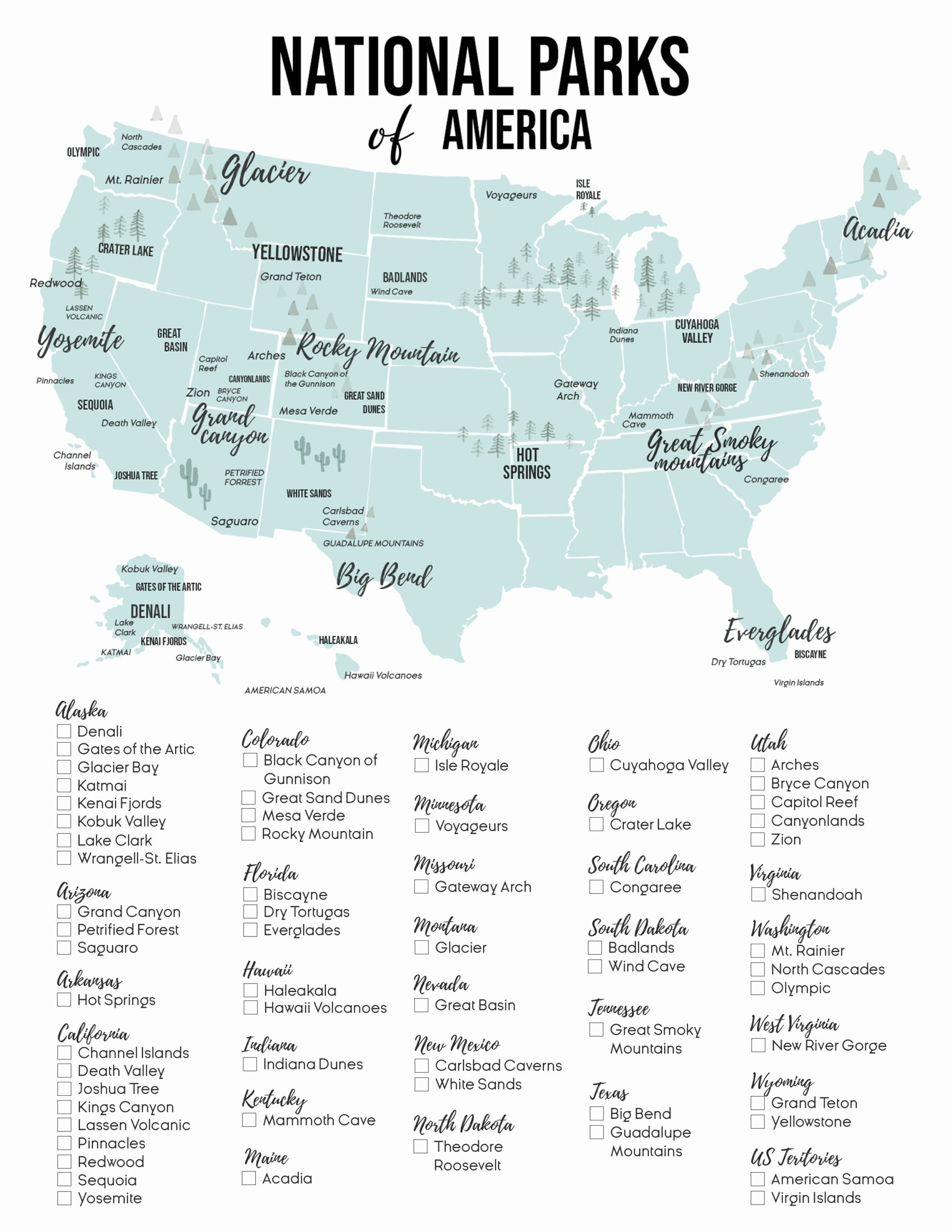 2025 U S National Park List By State Free Printable Map Checklist 