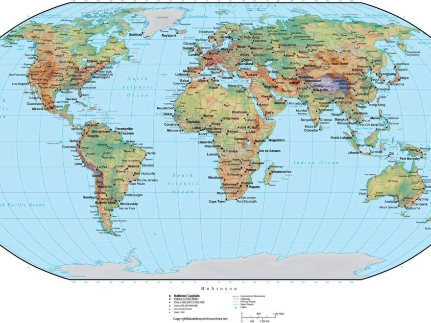 4 Free Large World Map With Coordinates And Countries