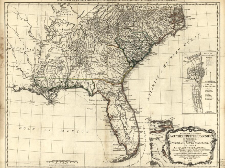 A General Map Of The Southern British Colonies In America Comprehending North And South Carolina Georgia East And West Florida With The Neighboring Indian Countries From The Modern Surveys Of Engineer De