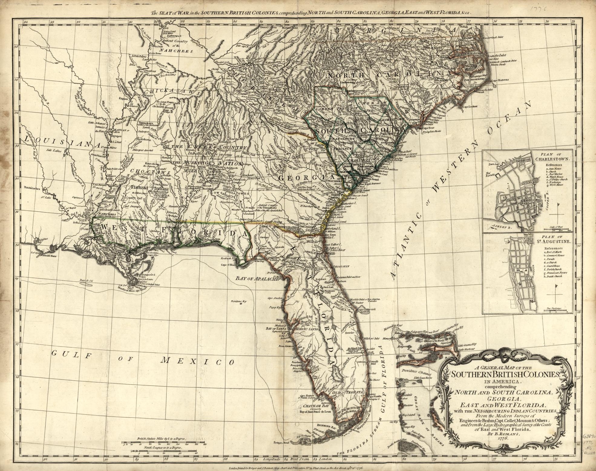 A General Map Of The Southern British Colonies In America Comprehending North And South Carolina Georgia East And West Florida With The Neighboring Indian Countries From The Modern Surveys Of Engineer De