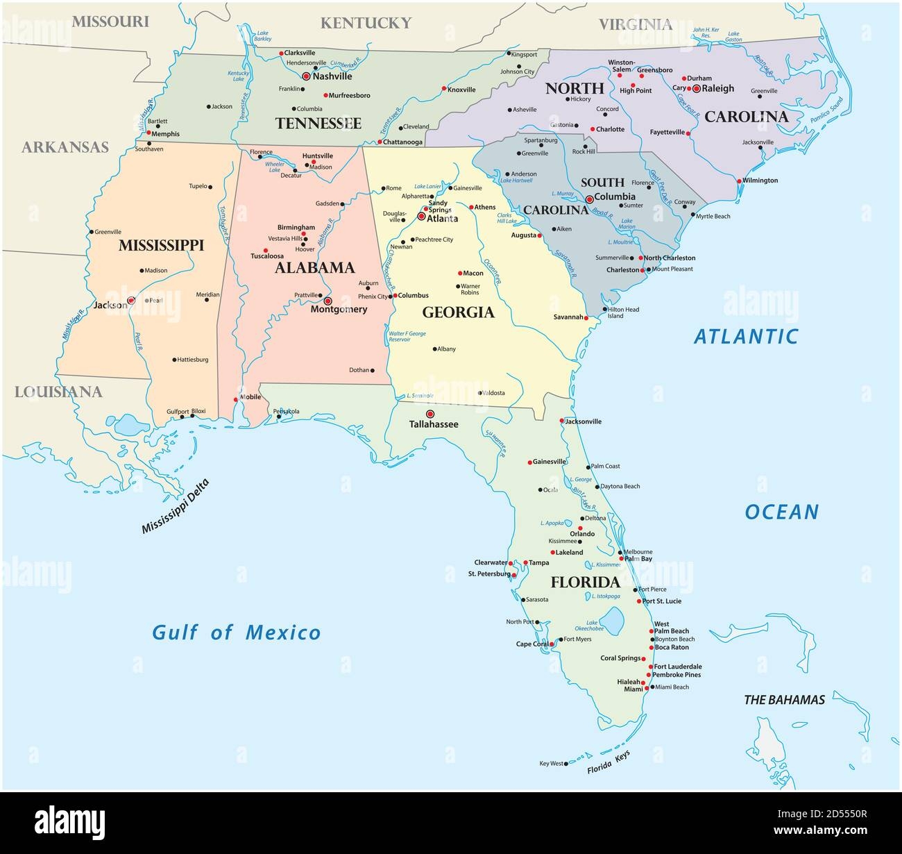 Administrative Vector Map Of The States Of The Southeastern United States Stock Vector Image Art Alamy