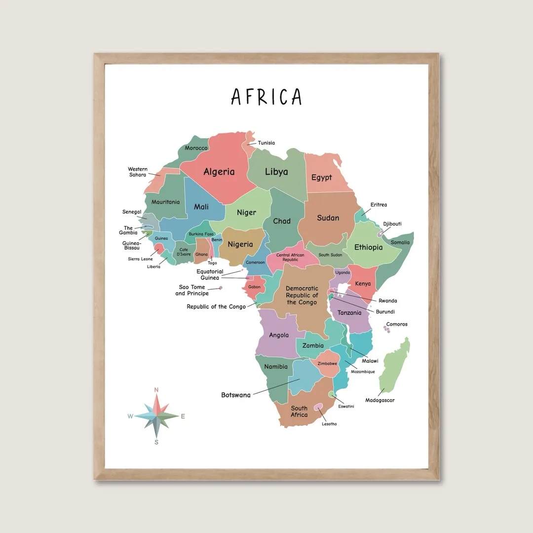 Africa Map Education Printable Map Of Africa Wall Art Africa Colorful Homeschool Learning Montessori Materials Africa Wall Art Download Etsy