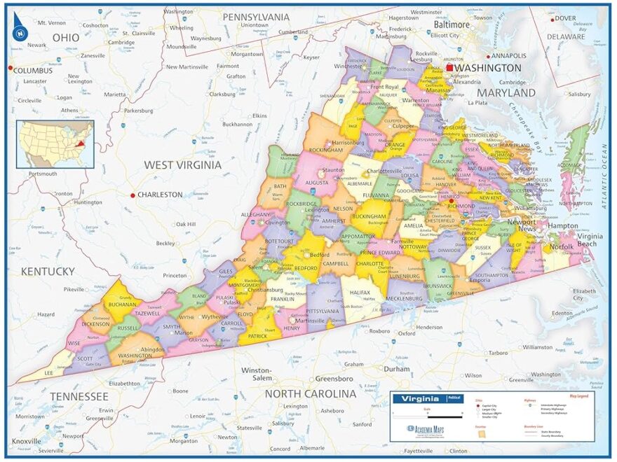 Amazon 36 X 27 Virginia State Wall Map Poster With Counties Classroom Style Map With Durable Lamination Safe For Use With Wet Dry Erase Marker Very Popular For Educators