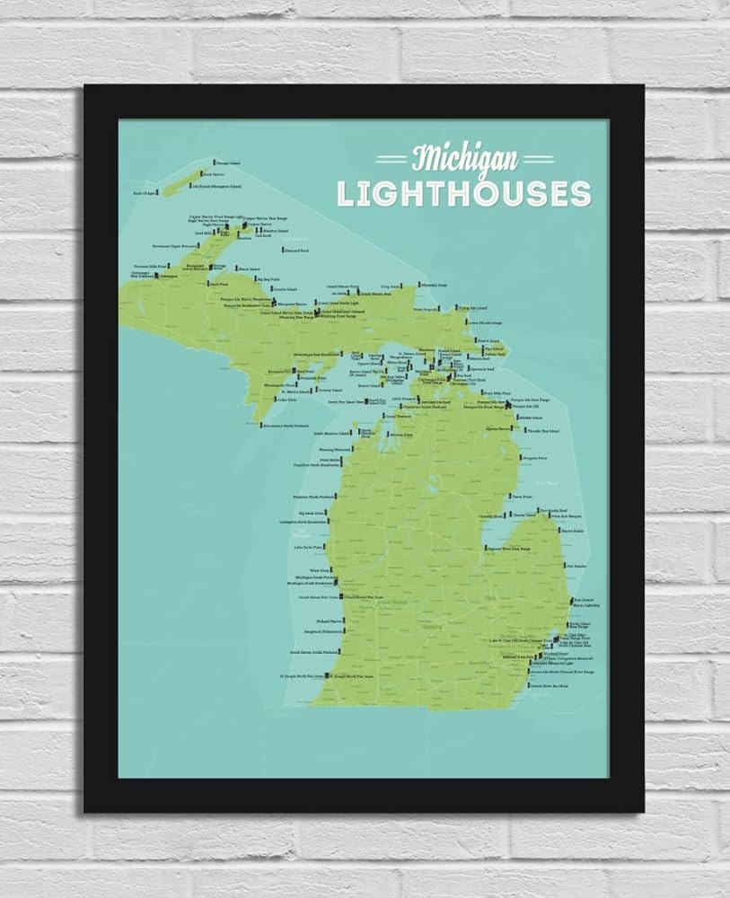Amazon Best Maps Ever Michigan Lighthouses Checklist 18x24 Poster Green Aqua Black Frame Office Products