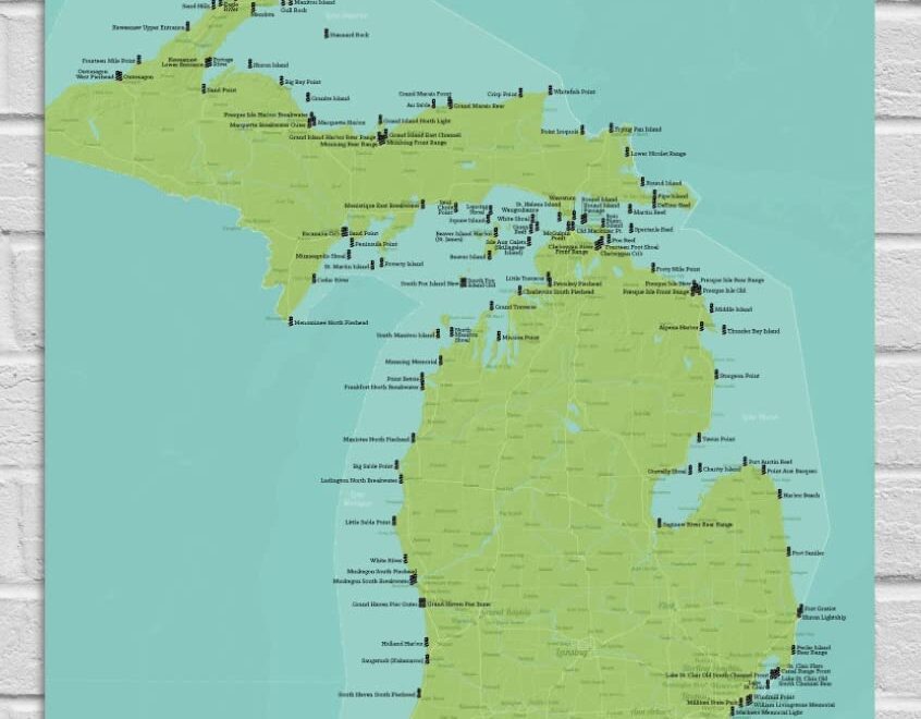 Amazon Best Maps Ever Michigan Lighthouses Checklist 18x24 Poster Green Aqua Office Products