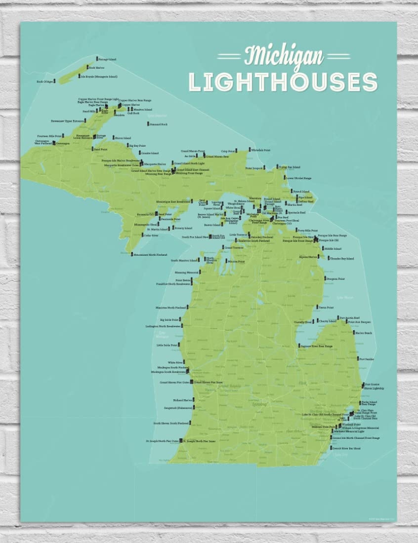 Amazon Best Maps Ever Michigan Lighthouses Checklist 18x24 Poster Green Aqua Office Products