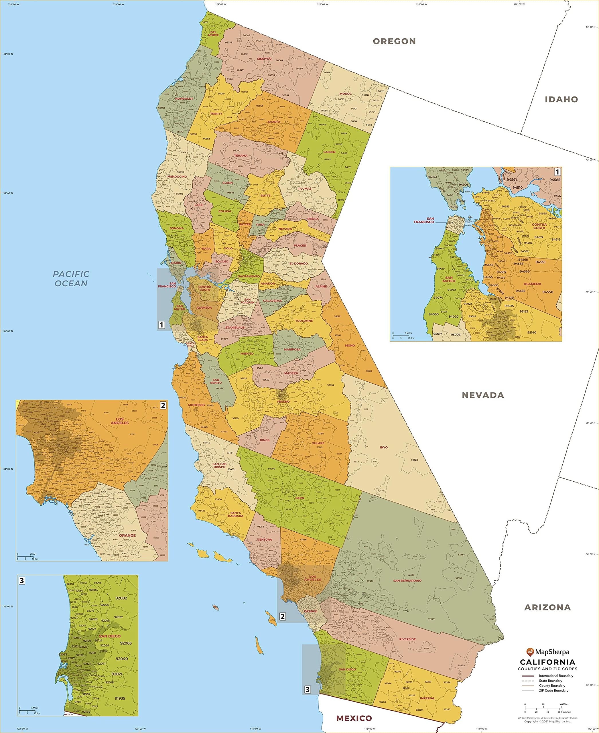 Amazon California ZIP Code Map With Counties Large 48 X 58 75 Art Quality Print Office Products