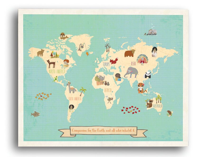Amazon Global Compassion World Map 18 X 12 Wall Art Print For Children Newborns Toddlers Kids Boho Style Poster Continents North South America Asia Europe Africa Panda Elephant Tiger Koala Fox Rhino Forest