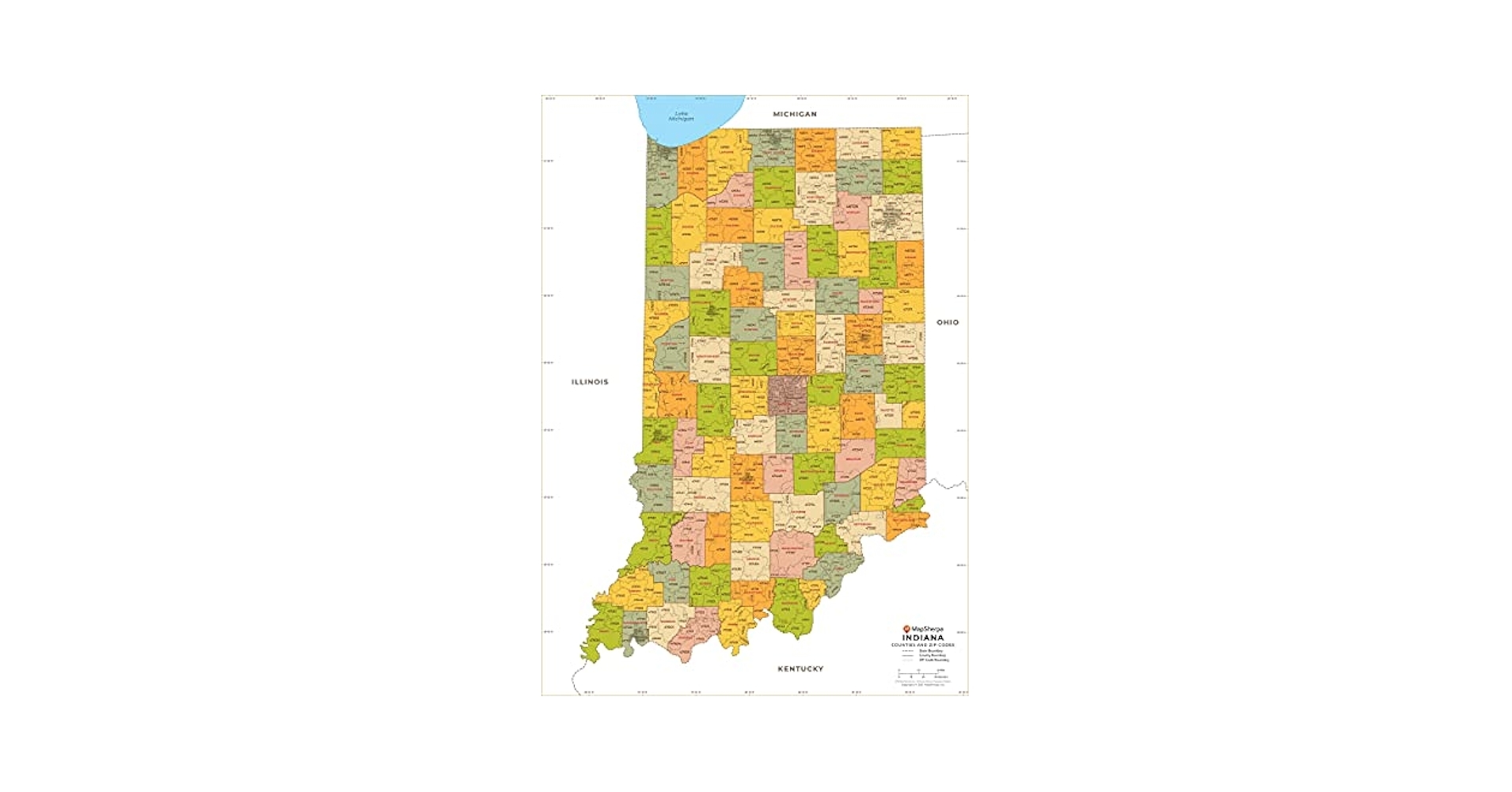 Amazon Indiana ZIP Code Map With Counties Standard 36 X 50 75 Art Quality Print Office Products