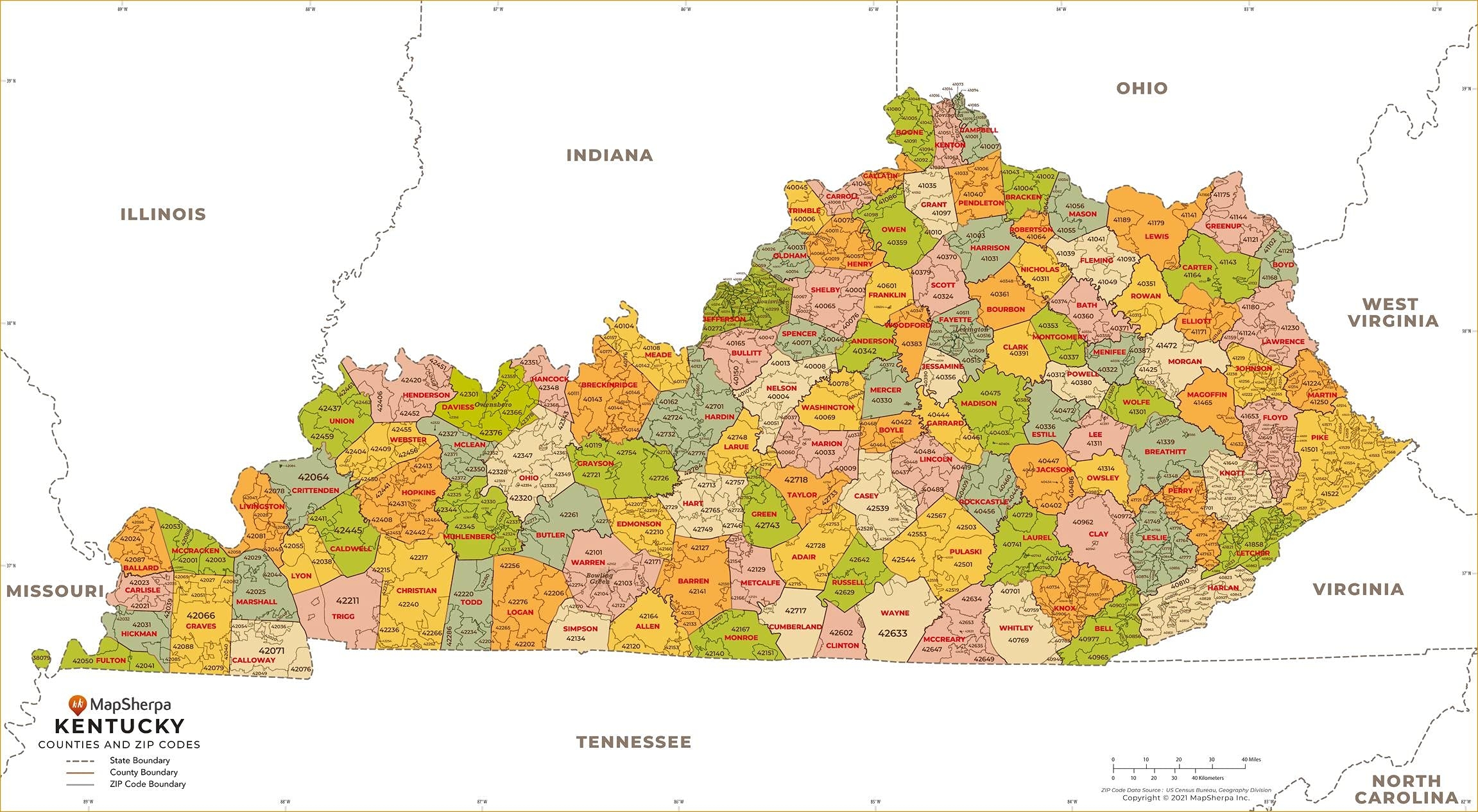 Amazon Kentucky ZIP Code Map With Counties Large 48 X 26 5 Paper Office Products