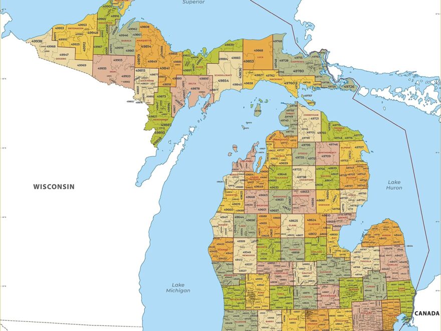 Amazon Michigan ZIP Code Map With Counties Large 48 X 55 25 Art Quality Print Office Products