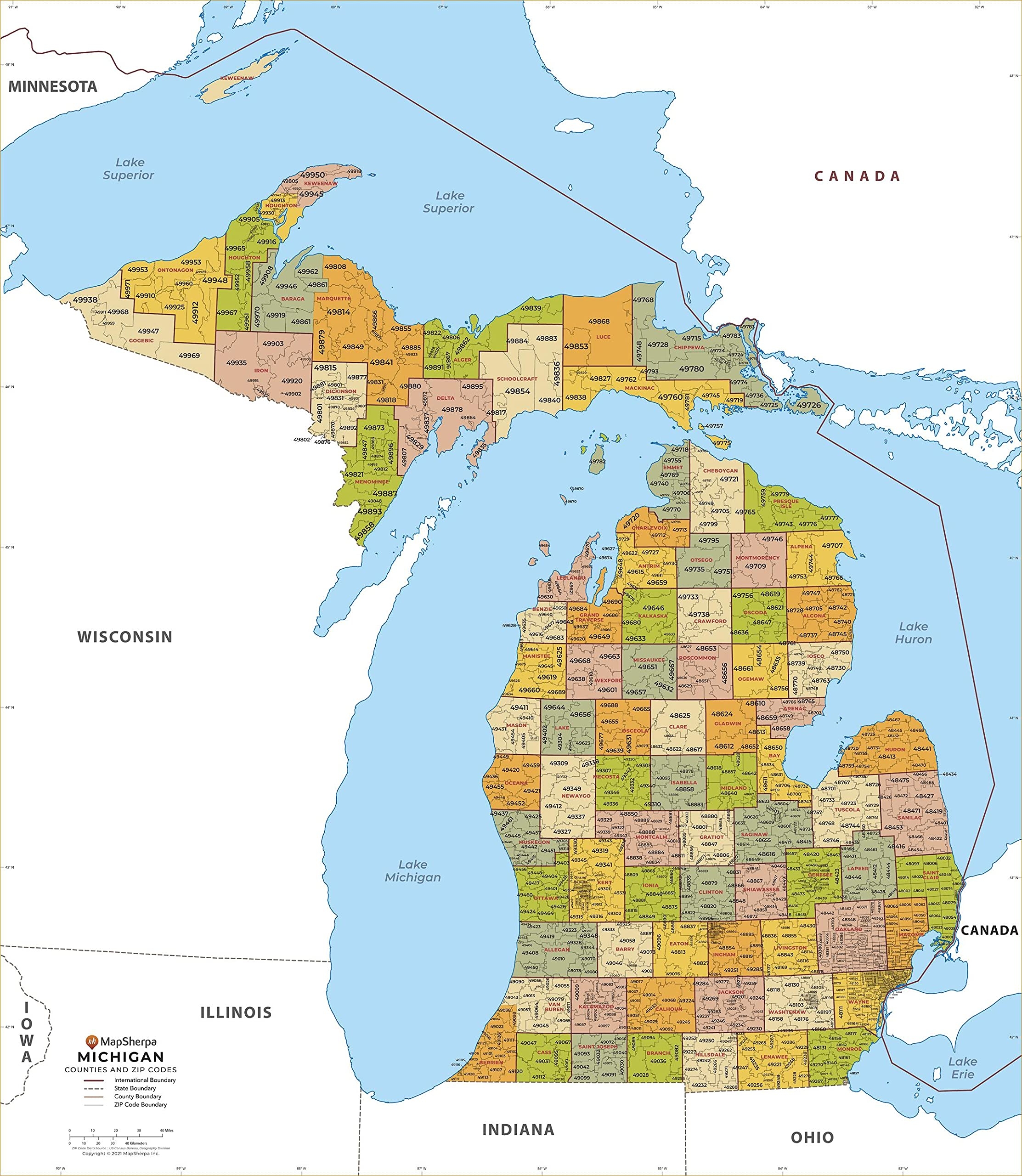 Amazon Michigan ZIP Code Map With Counties Large 48 X 55 25 Art Quality Print Office Products