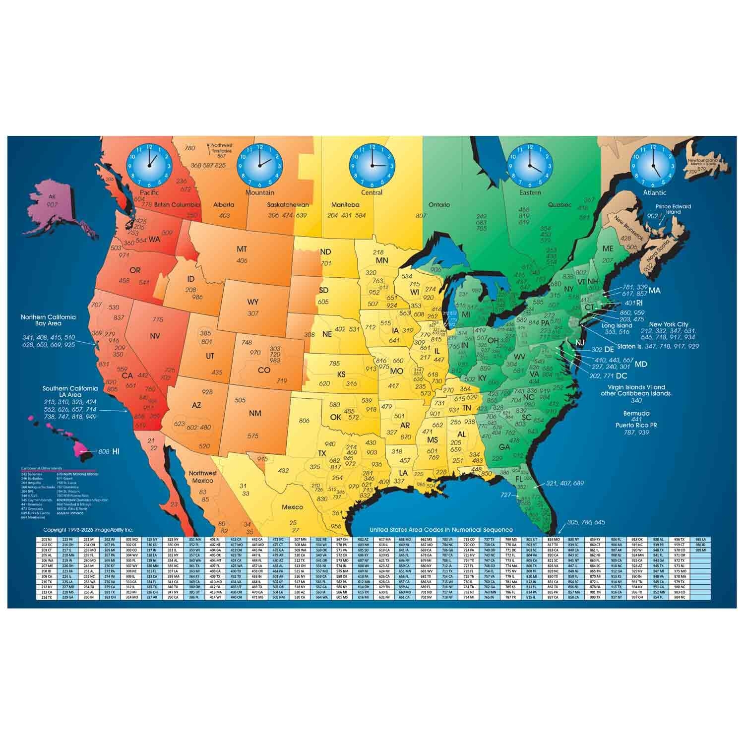 Amazon North America Satin Finish Full Color Time Zone Area Code Map With Reverse Lookup Large 24 By 36 Inch Wall Size 0672713129868