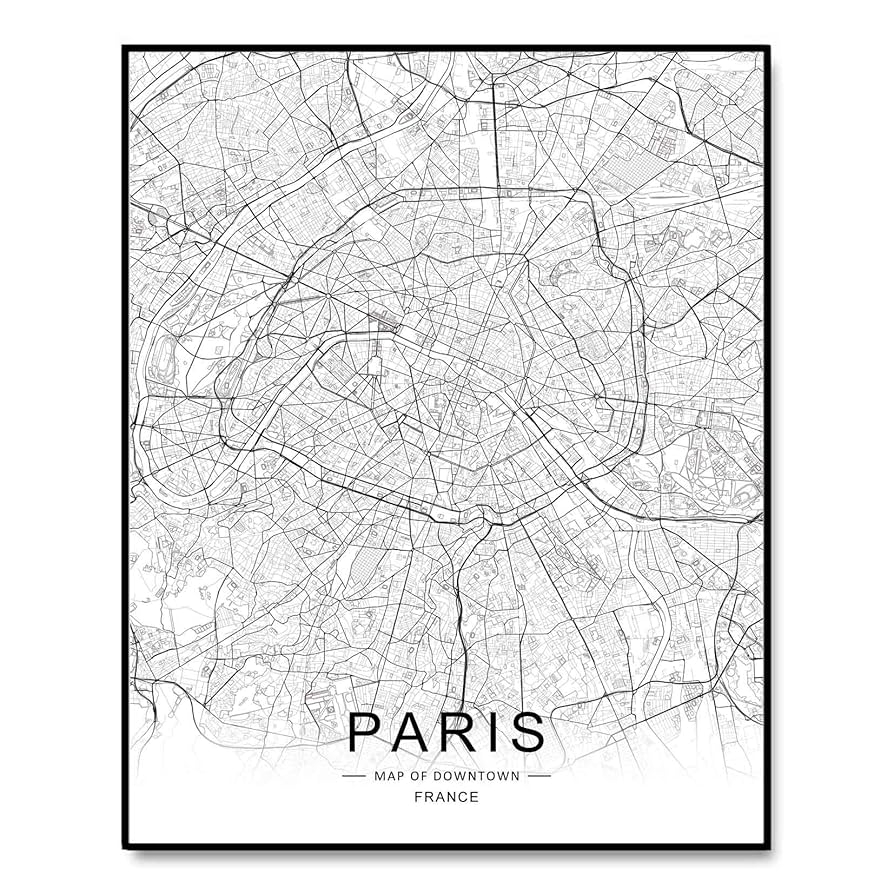 Amazon Paris City Downtown Map Wall Art Paris Street Map Print Paris Map Decor City Road Art Black And White City Map Office Wall Hanging 8x10 Inch No Frame Home 