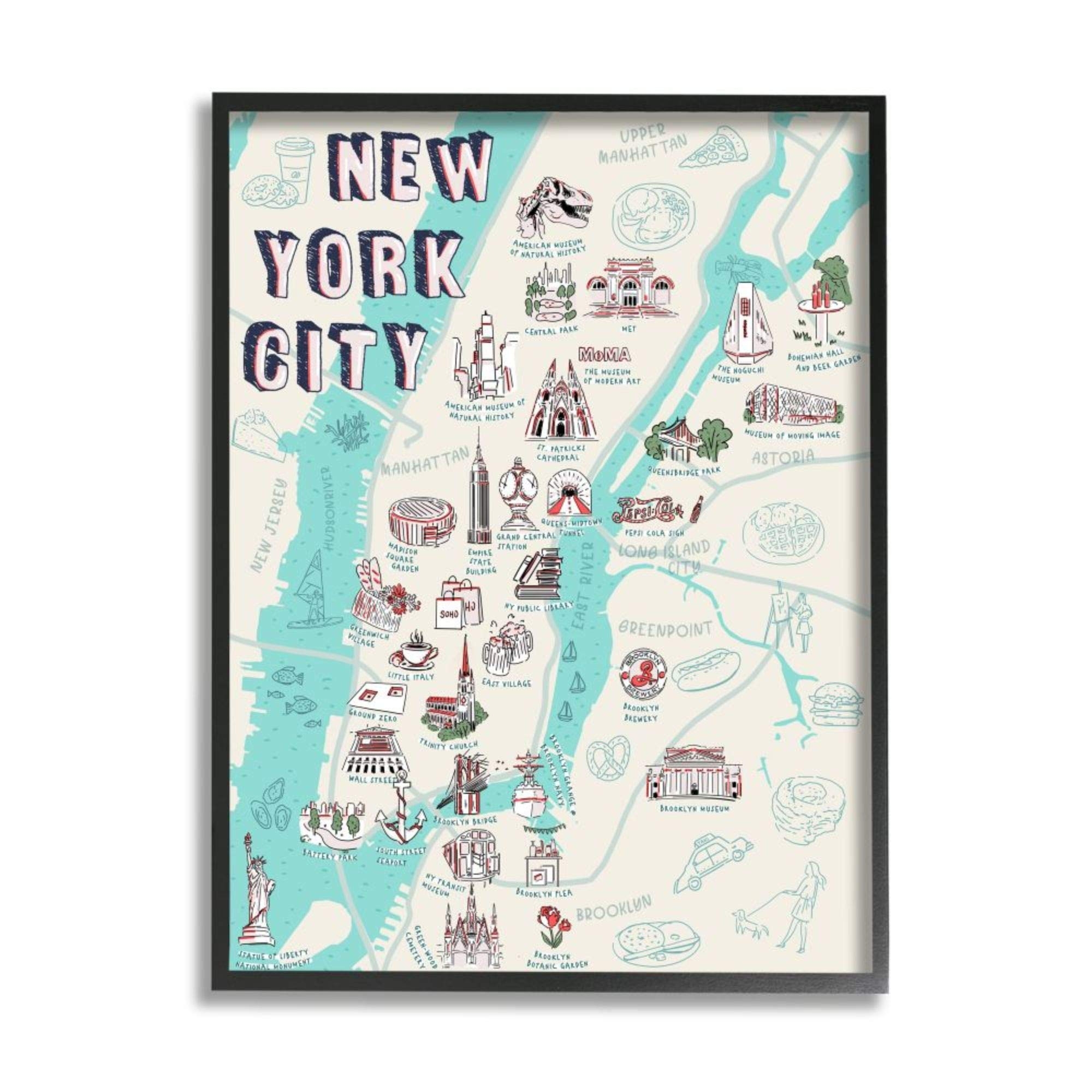 Amazon Stupell Industries New York City Landmark Map Local Tourist Attractions Ziwei Li Black Framed Wall Art 24 X 30