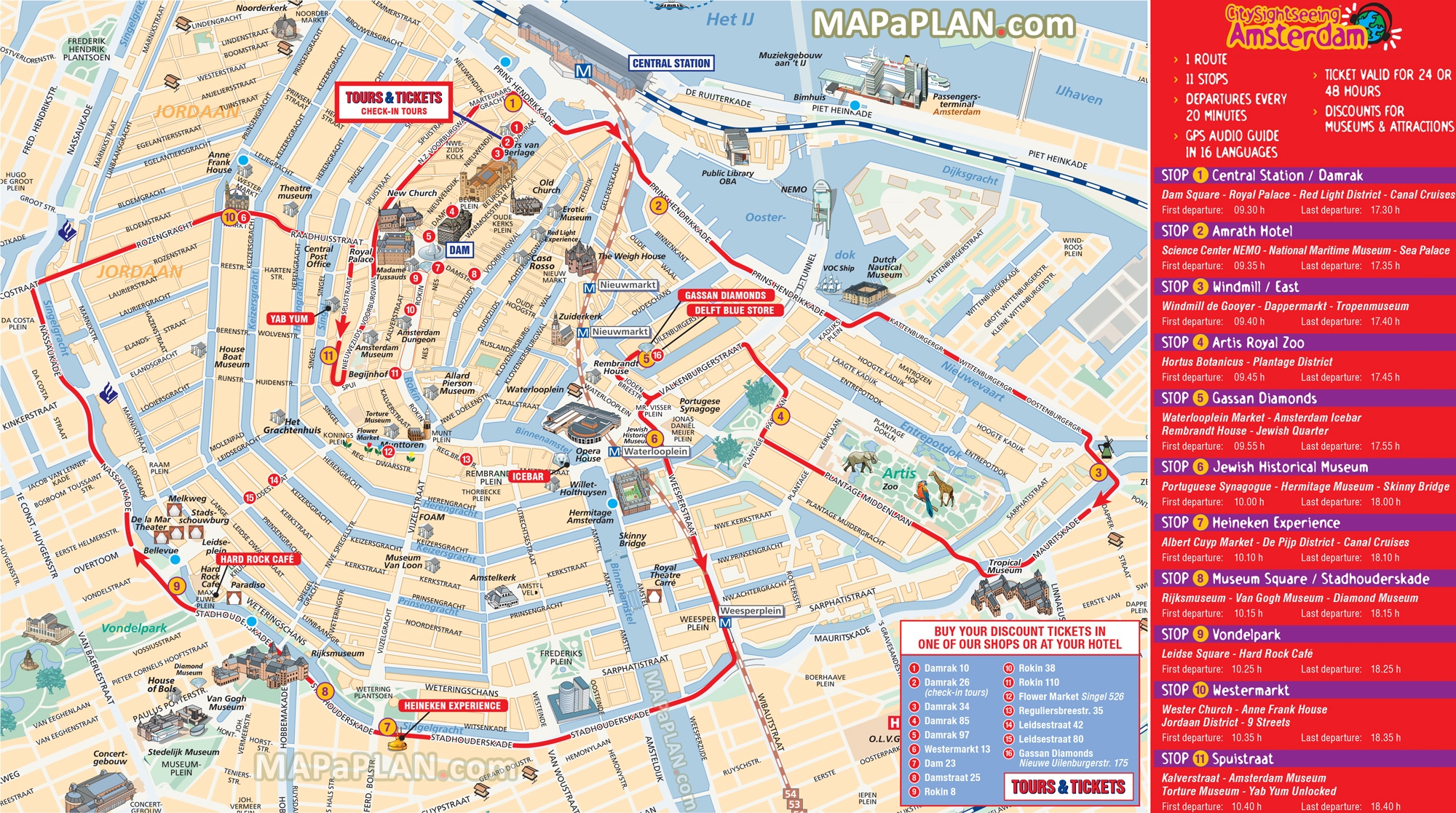 Amsterdam Top Tourist Attractions Map City Sightseeing Hop on Hop off Bus Tour Routes double Decker Open Top 