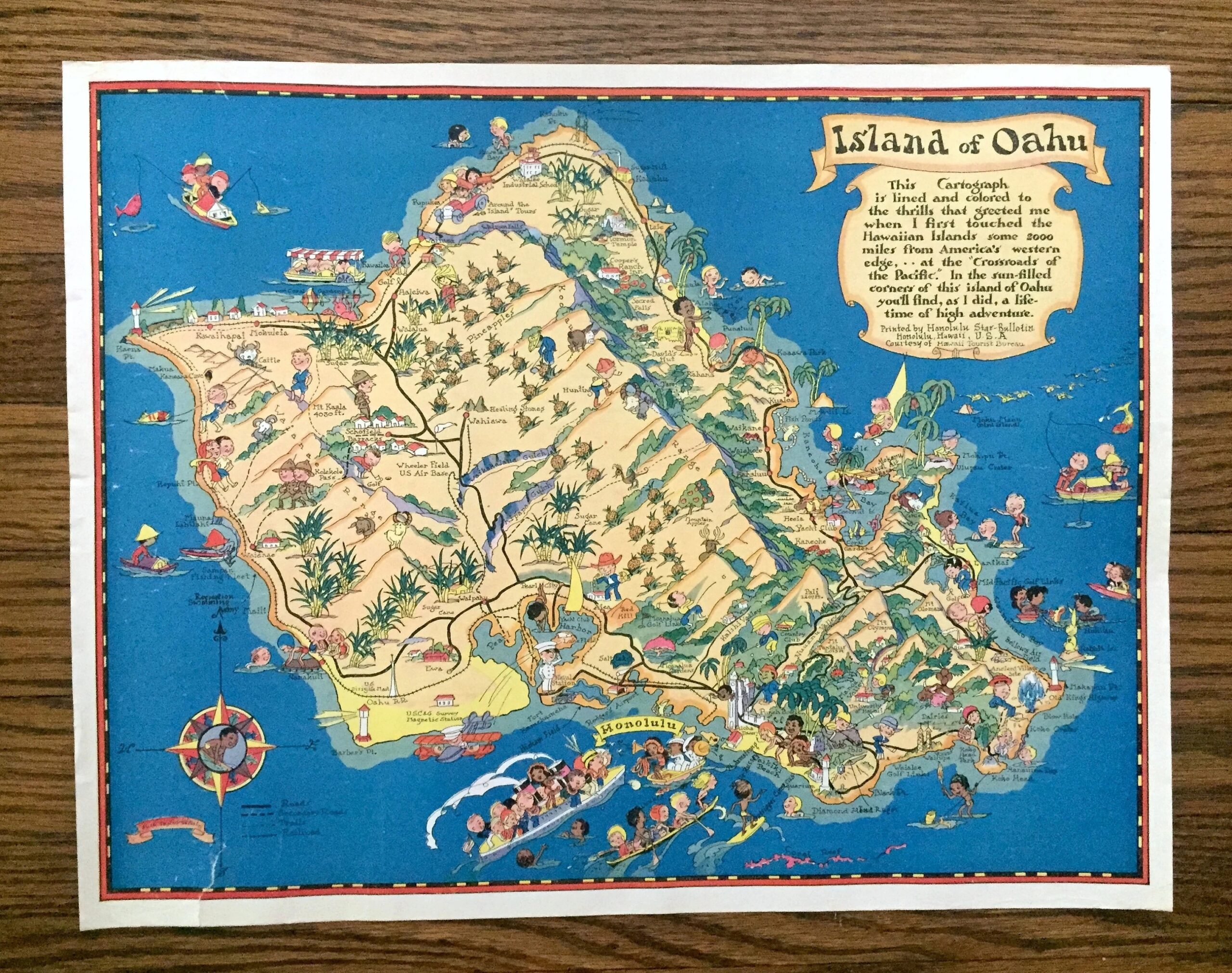Antique 1931 Island Of Oahu Hawaii Map By Ruth Taylor Honolulu Pearl Harbor Kahuku Kailua Waipahu Haleiwa Kaneohe Ewa Forest HI Etsy
