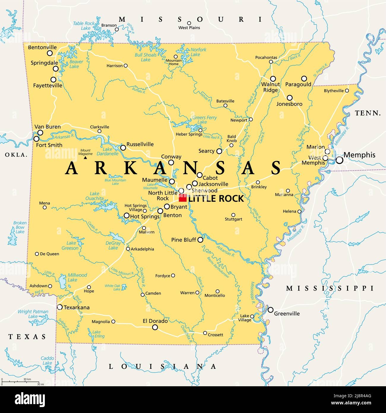 Arkansas AR Political Map With Capital Little Rock And Largest Cities Lakes And Rivers Landlocked State In The South Central United States Stock Photo Alamy
