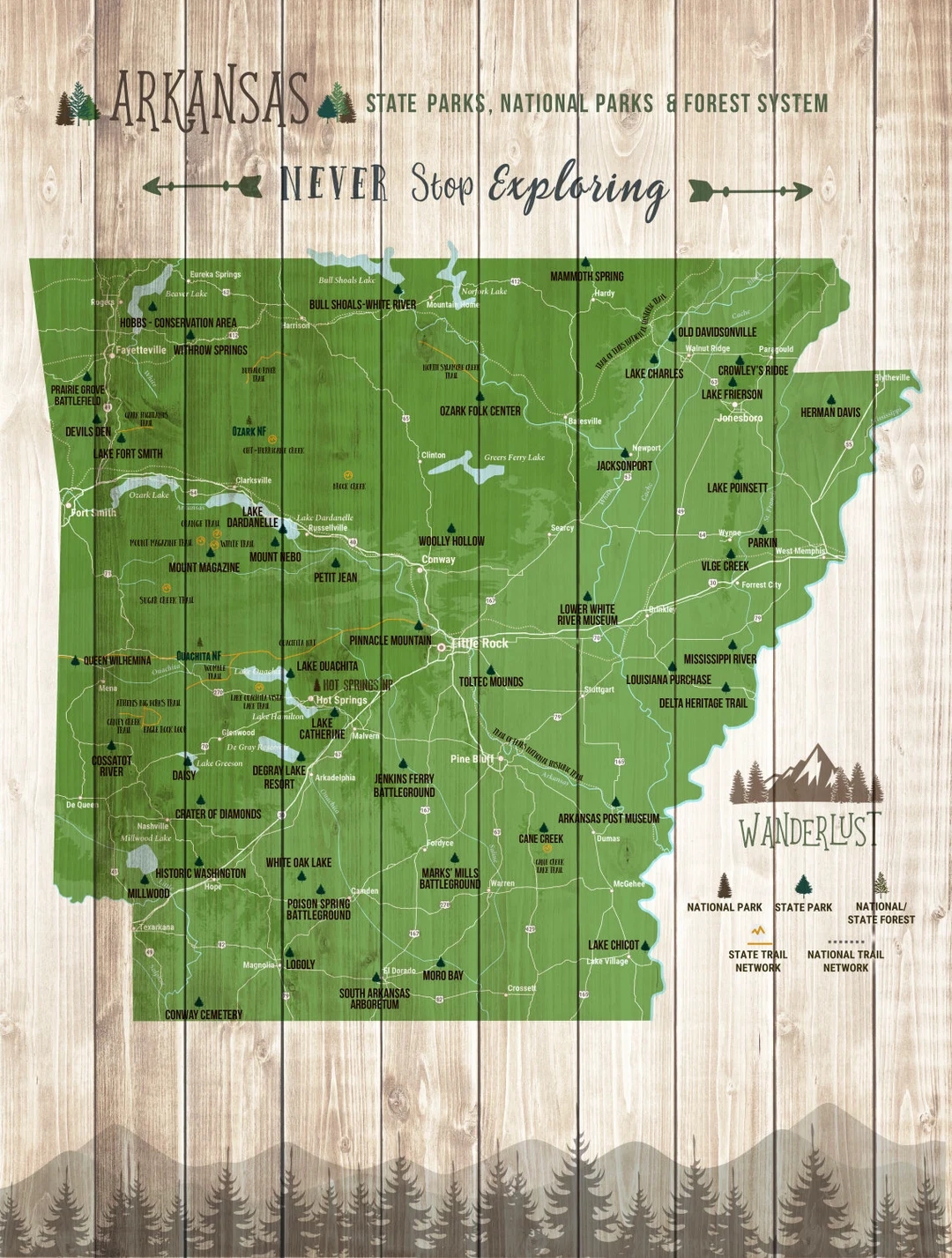 Arkansas State Park Map Arkansas State State Parks Checklist Arkansas Art Decor State Parks Decor Hiking Trails Push Pin Map Etsy