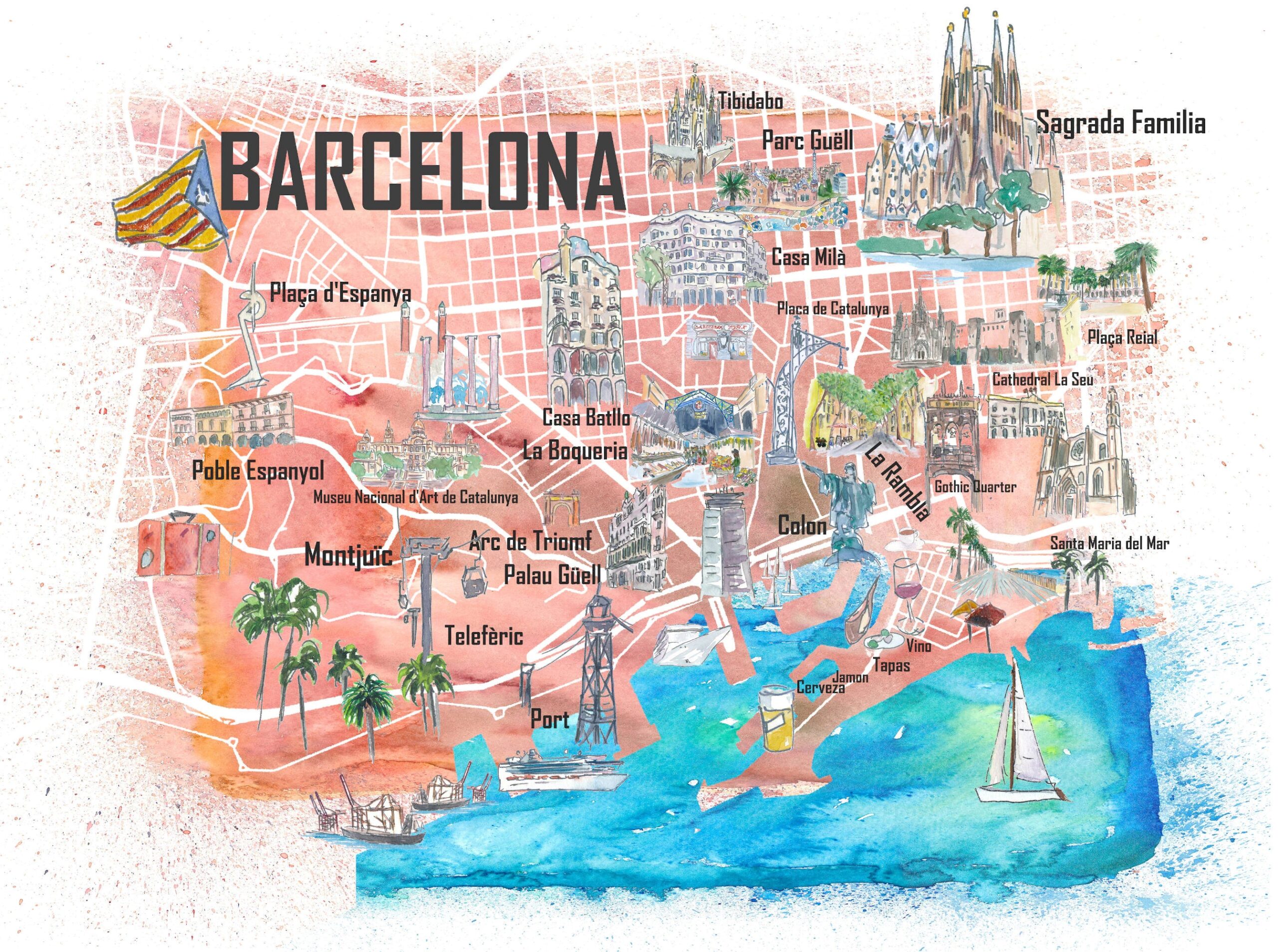Barcelona Illustrated Travel Map With Main Roads Landmarks And Highlights Etsy