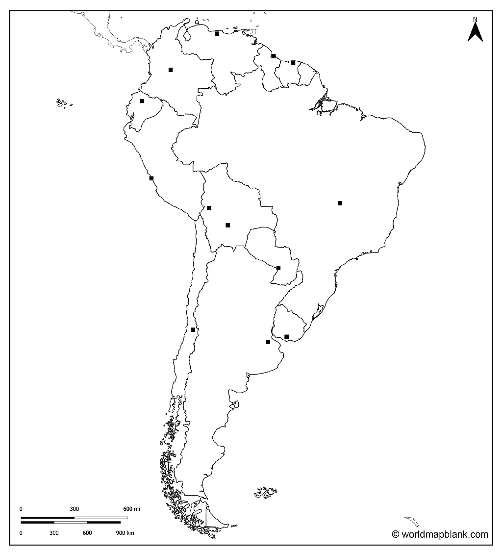 Blank Map Of South America Outline Countries Capitals