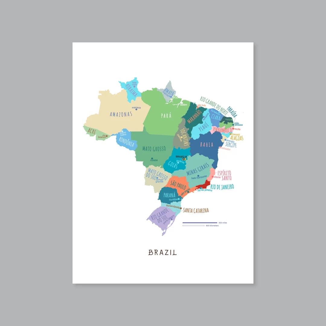 Brazil Map PRINTABLE Brazil States And Capitals Labeled Brazil Map With Capital Modern Home Decor P573 Etsy