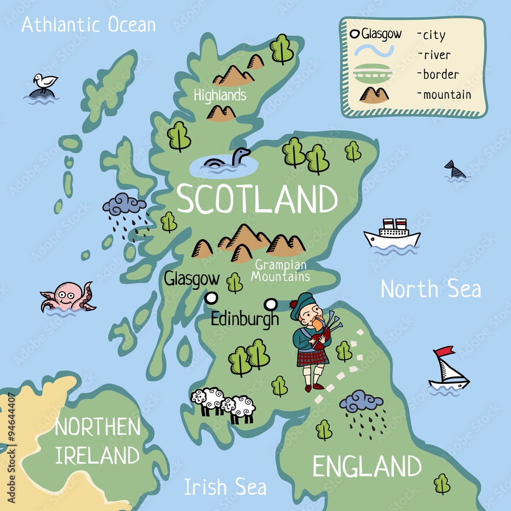 Cartoon Vector Doodle Map Of Scotland For Kids For Tourist Guide Worksheets Library