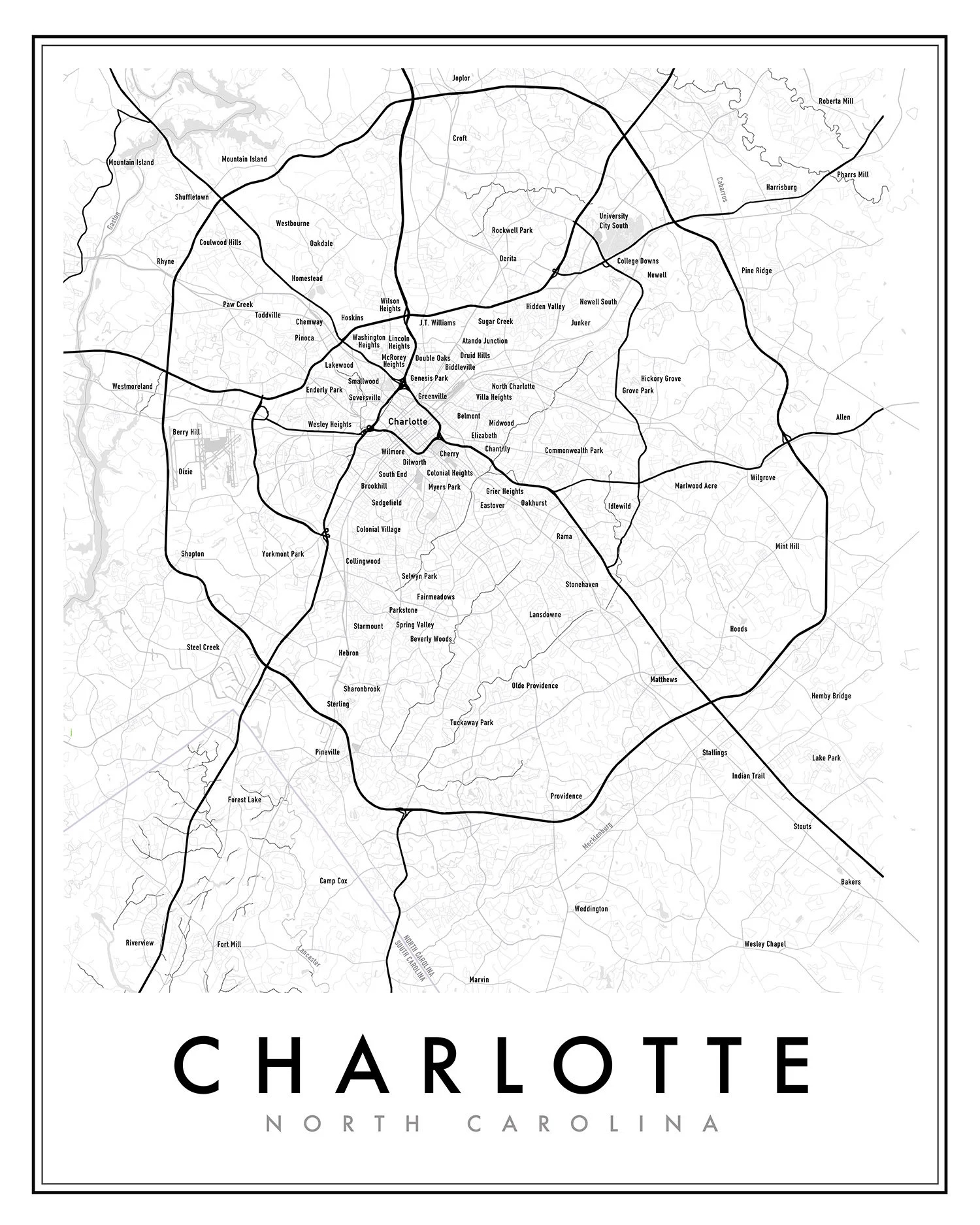 Charlotte North Carolina Map Print Charlotte Map Poster City Map Print Charlotte Decor Map Of Charlotte Print Charlotte Neighborhoods Etsy