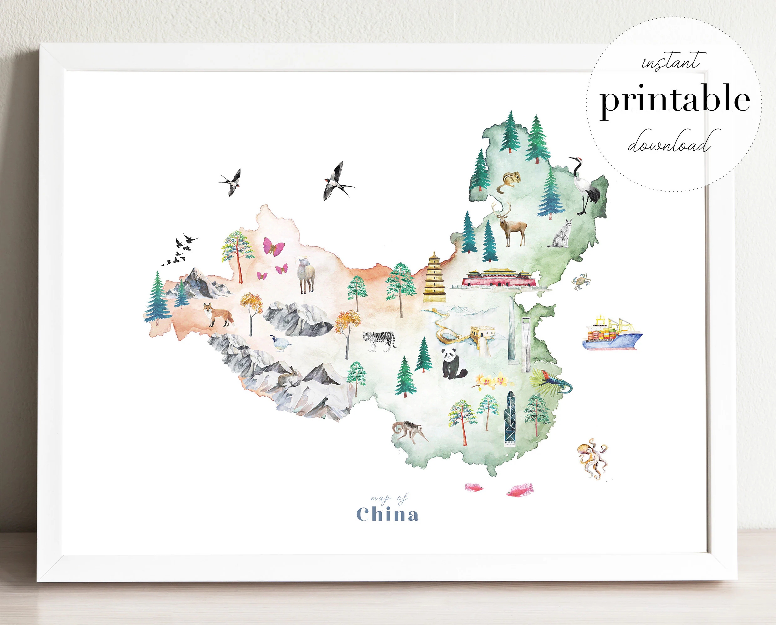 China Illustrated Map Printable Wall Art Print Nursery Decor Landmarks Kids Room Travel Print Drawing Animal Map Country Map Etsy