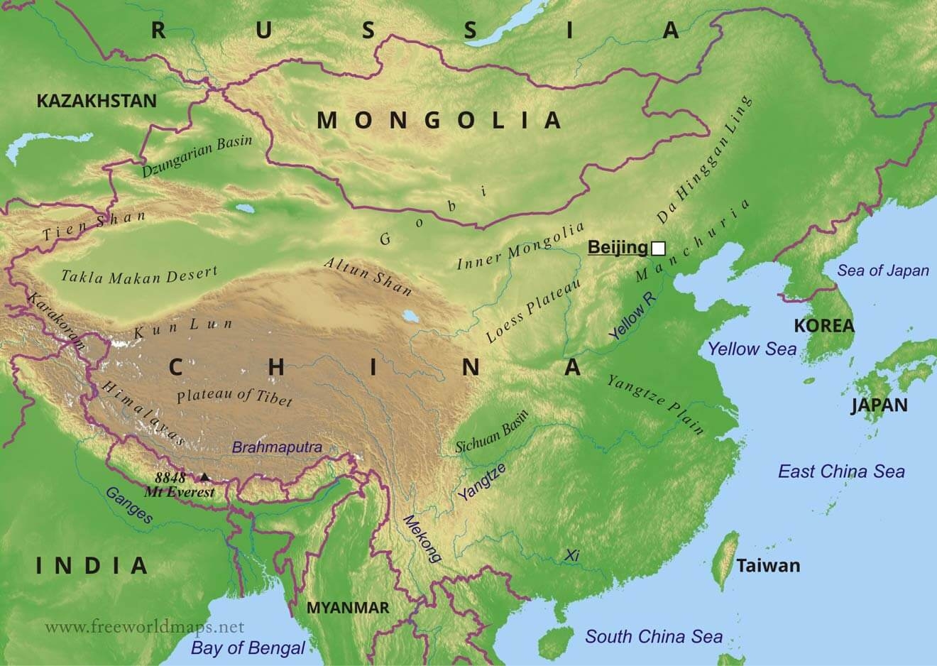 Printable Physical Map Of China Printable Physical Map Of China