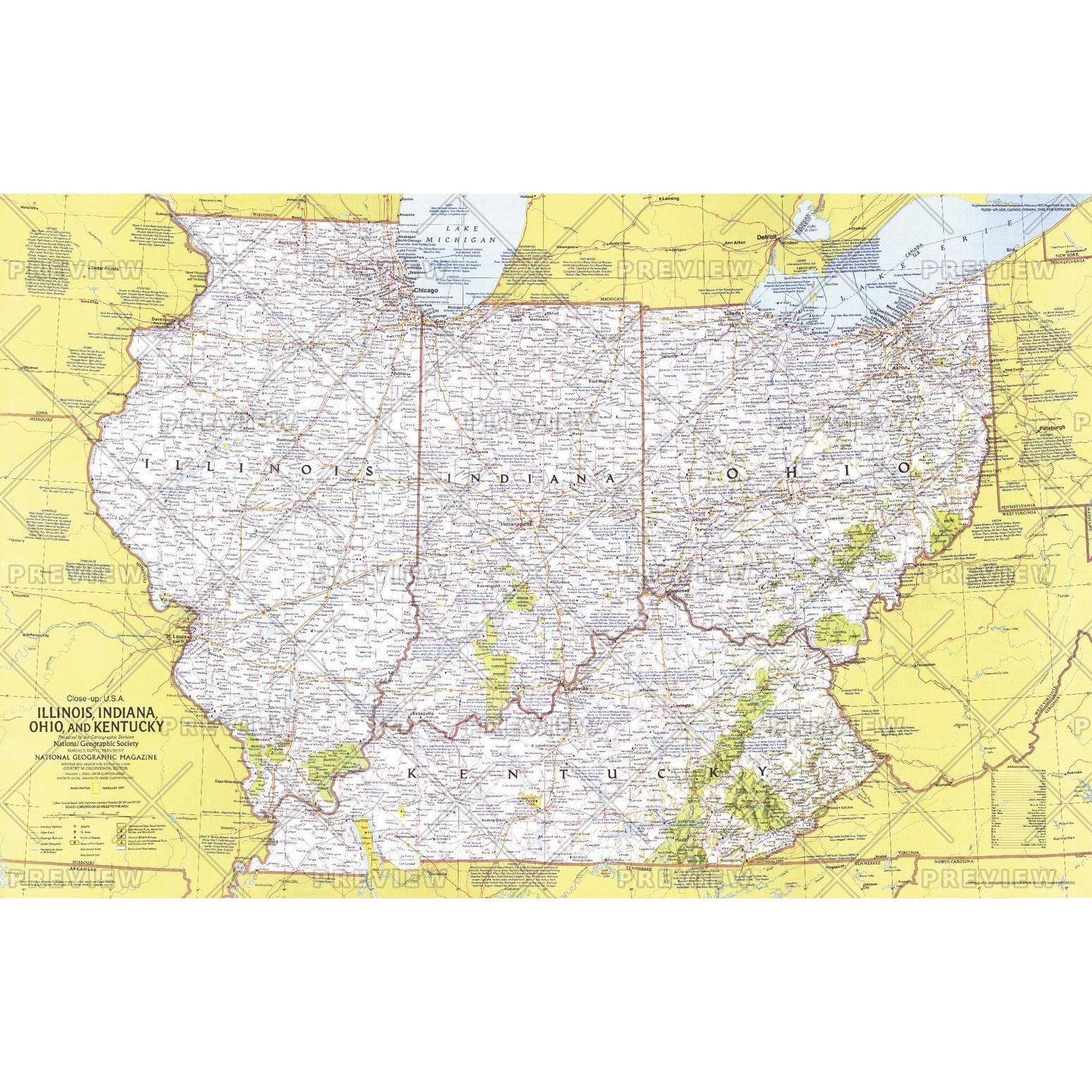 Close up USA Illinois Indiana Ohio Kentucky Published 1977 By National Geographic The Map Shop