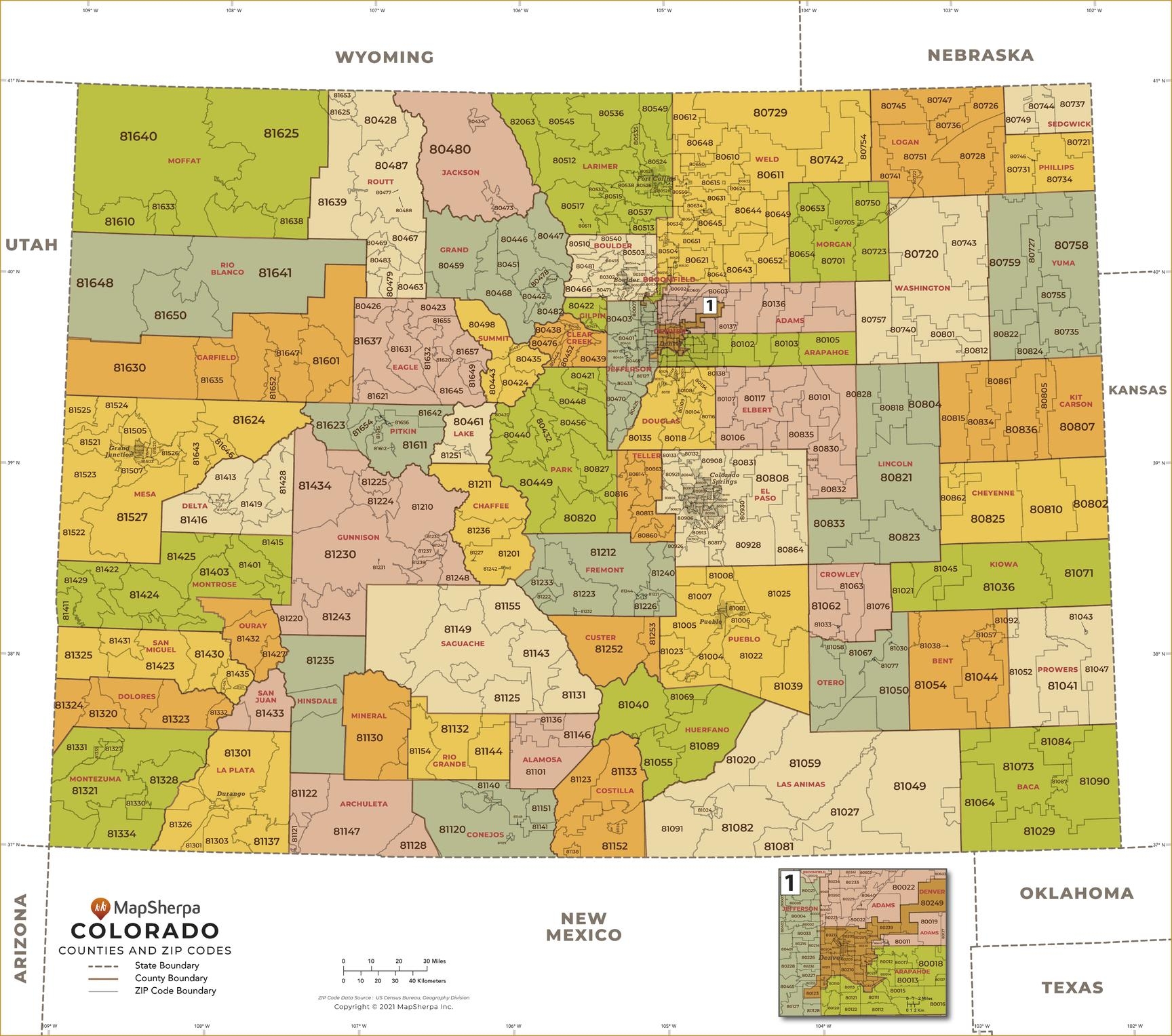 Colorado ZIP Code Map With Counties By MapSherpa The Map Shop