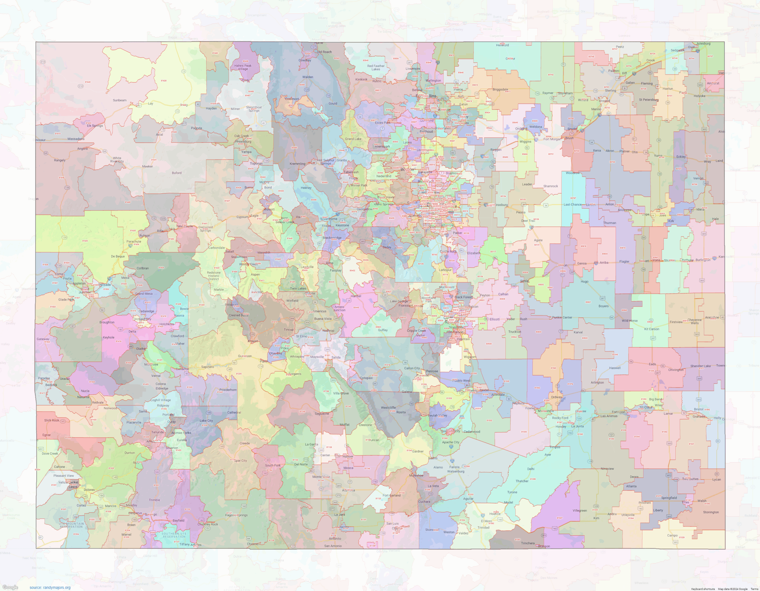 Colorado ZIP Codes Shown On Google Maps