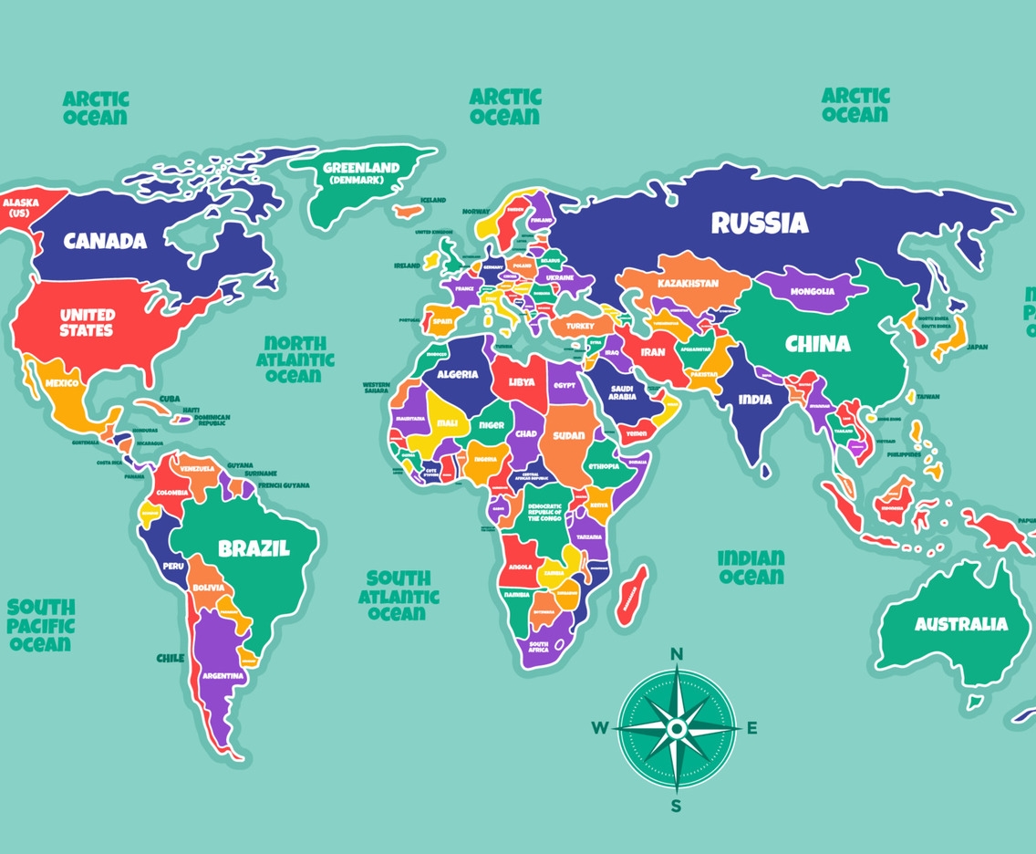 Colorful World Map With Country Names