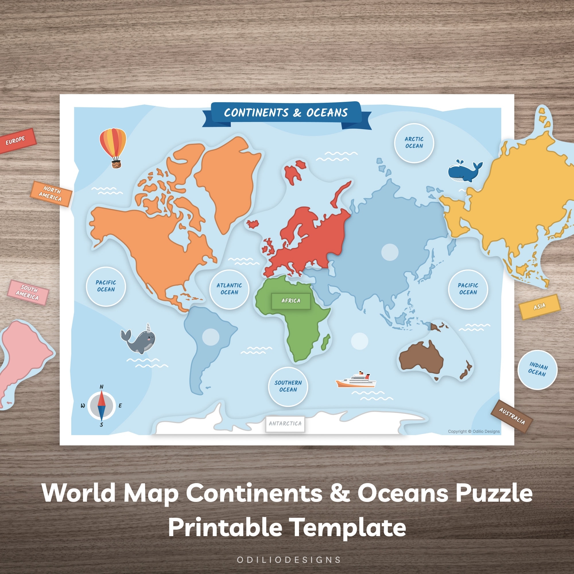 Continents Oceans Puzzle For Kids World Map Printable Matching Game Preschool Montessori Activity Kindergarten Geography Learning Material Etsy