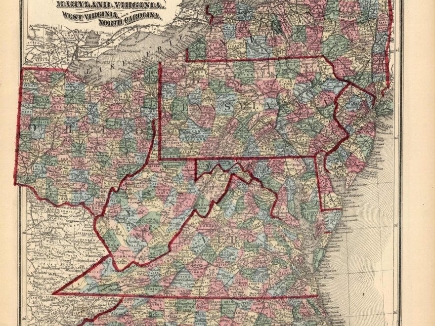 County Map Of New York New Jersey Pennsylvania Ohio Deleware Maryland Virginia West Virginia And North Carolina Art Source International