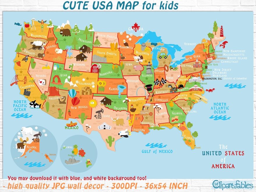 Cute Printable USA MAP For Kids Gender Neutral Room Decor