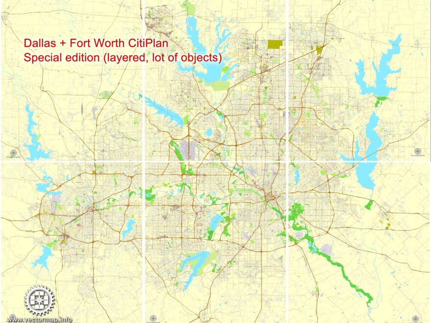 Dallas Fort Worth Texas US Printable Map Exact Vector Street City Plan Map In 6 Parts V 29 11 Fully Editable Adobe Illustrator Maps In Vector Detailed Street Maps Illustrator PDF CorelDRAW