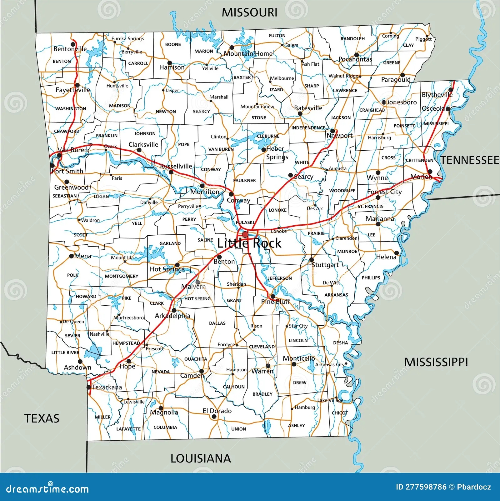 Detailed Arkansas Road Map With Labeling Stock Vector Illustration Of River Interstate 277598786
