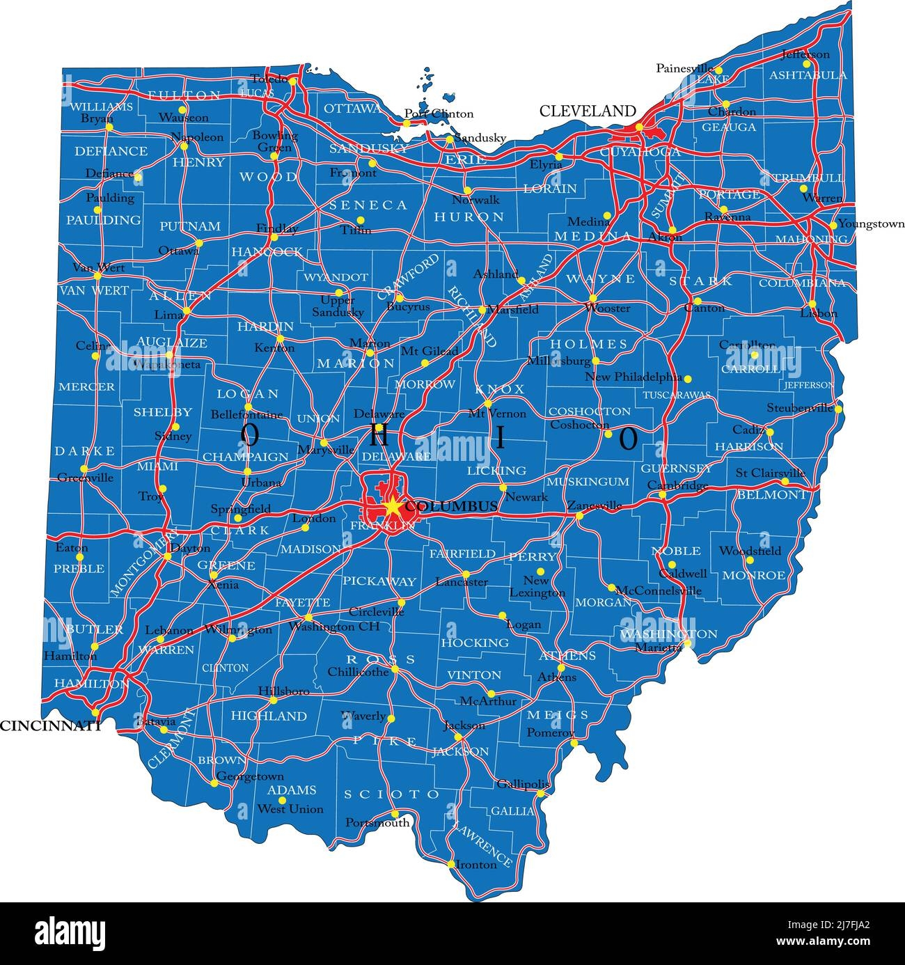 Detailed Map Of Ohio State in Vector Format with County Borders roads And Major Cities Stock Vector Image Art Alamy