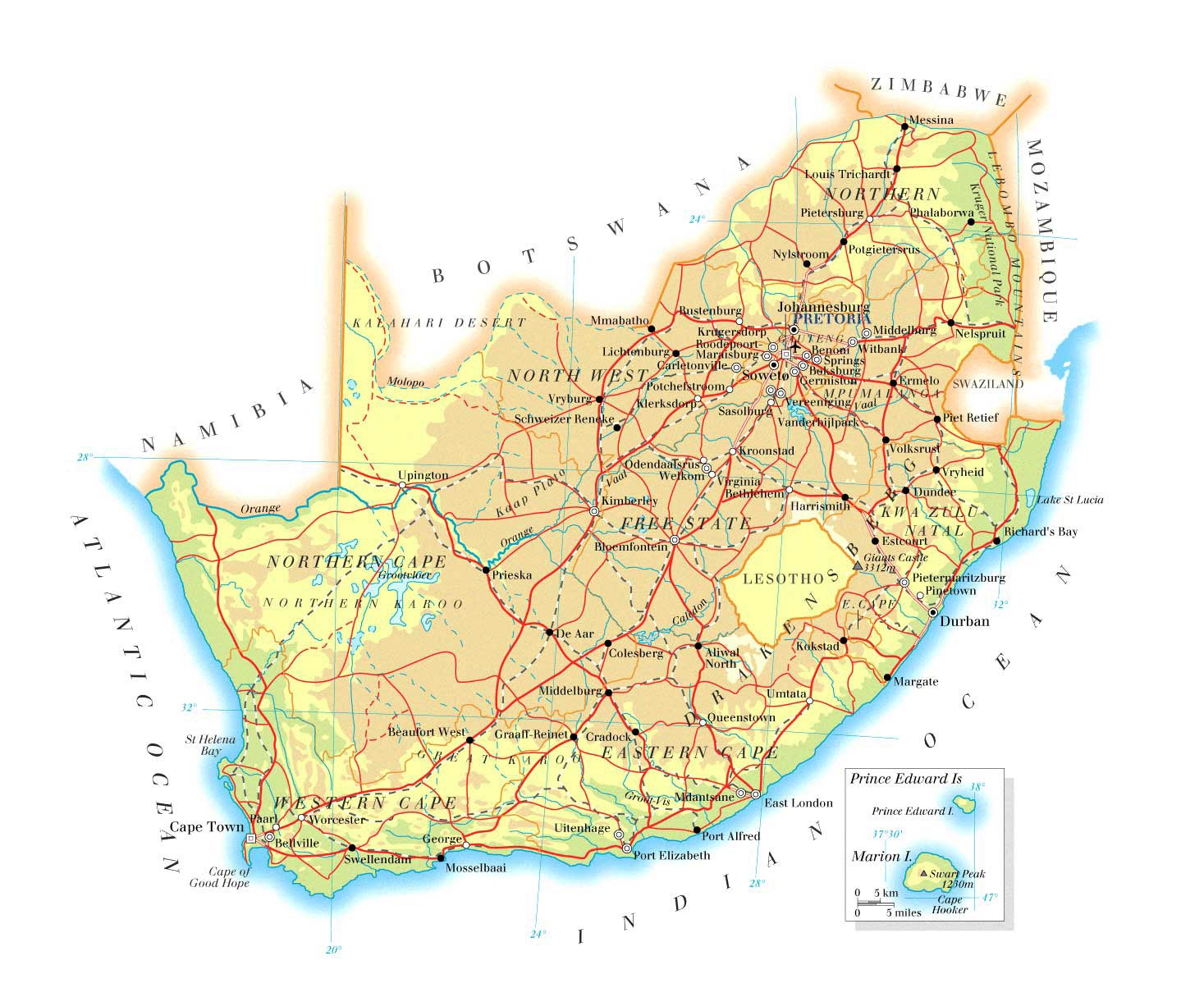 Detailed Physical And Road Map Of South Africa Detailed Physical And Road South Africa Map Vidiani Maps Of All Countries In One Place