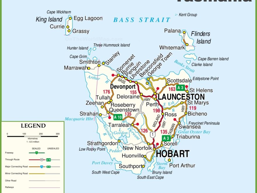 Detailed Tasmania Road Map With Cities And Towns Ontheworldmap
